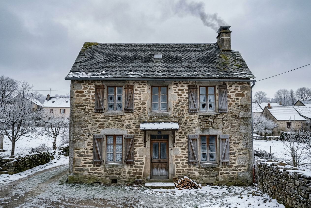 Maison ancienne en pierre sous neige, toit à deux pentes, volets bois et fumée sortant de la cheminée. Audit énergétique obligatoire 2024 intégrable.