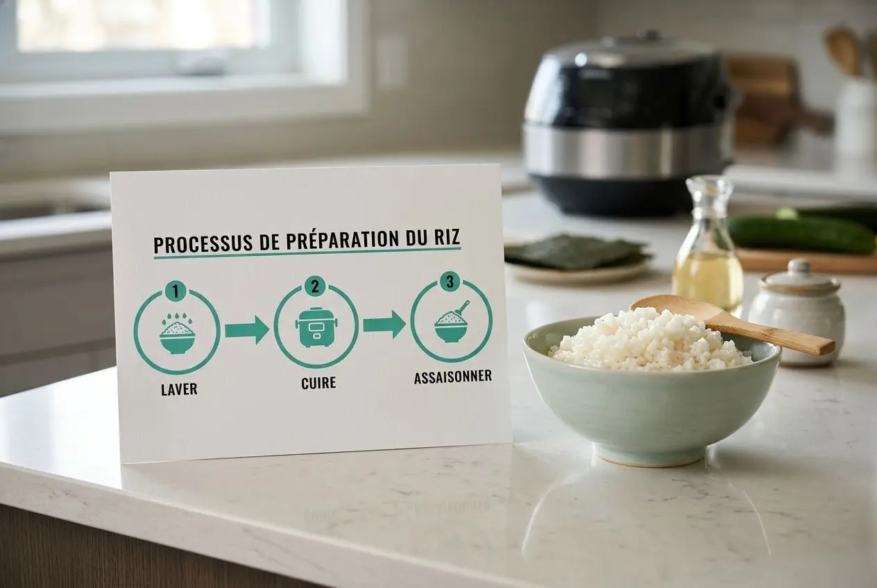 Infographie des étapes de préparation du riz à sushi : laver, cuire et assaisonner.