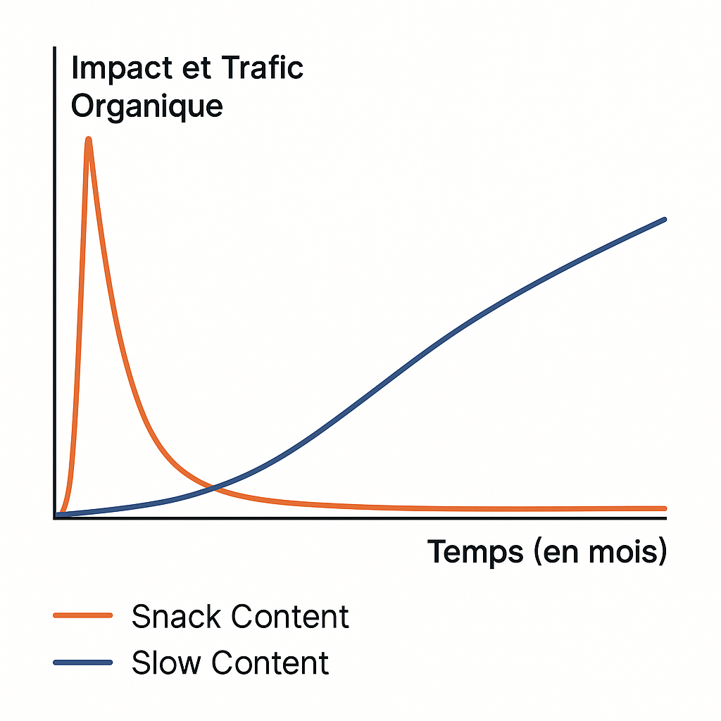 Graphique comparant l'impact du slow content et du snack content dans le temps. La courbe du slow content montre une croissance de trafic organique stable et durable, tandis que la courbe du snack content illustre un pic de visibilité élevé mais éphémère.