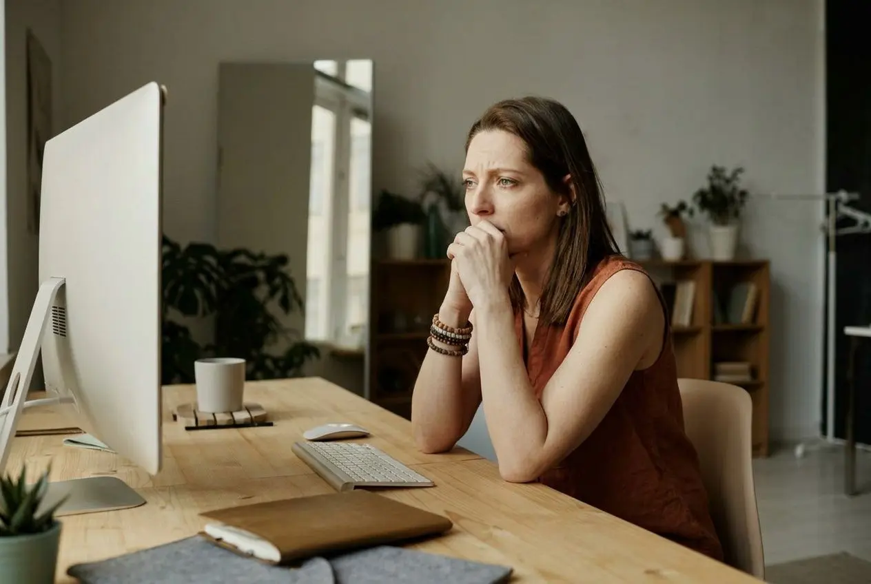 Femme au visage préoccupé devant un ordinateur, siège de bureau, en intérieur, suggérant une réflexion sur sauver son couple en crise.