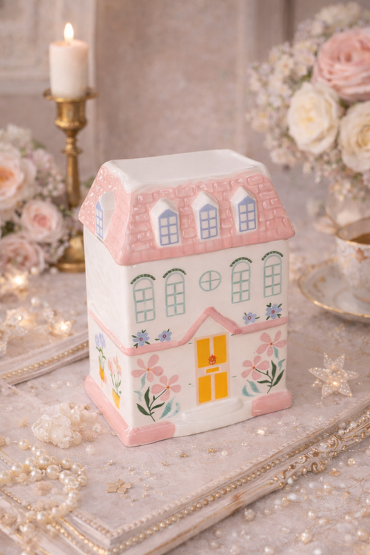 maisonnettes en céramique décorative ambiance floral et bougies.