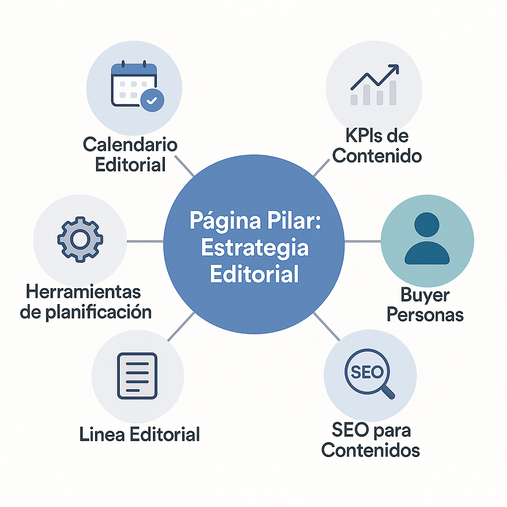 Esquema del modelo de clúster temático con una página pilar central sobre 'estrategia editorial' y varias páginas satélite enlazadas que representan los subtemas.