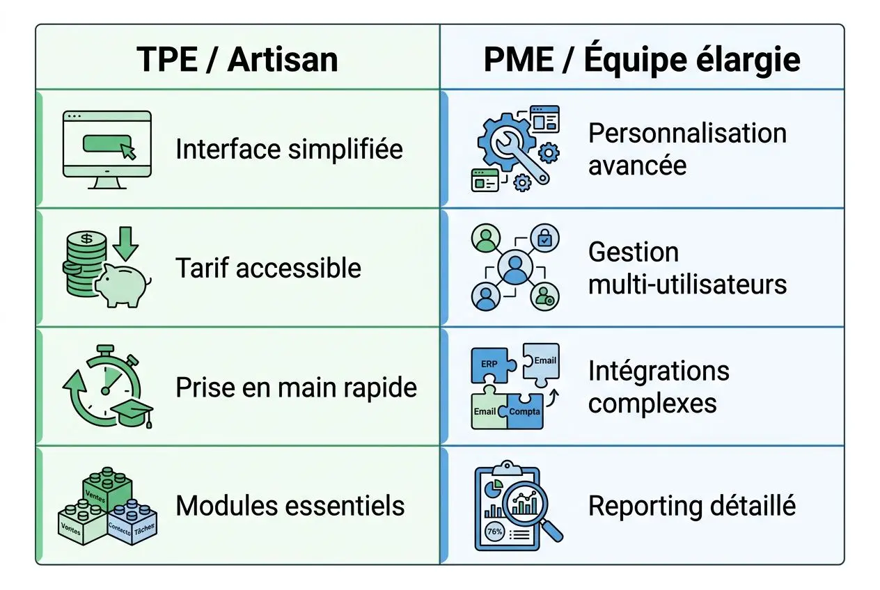 Comparatif CRM par type: TPE/Artisan et PME/Équipe élargie avec icônes d’interface, tarification, prise en main, modules, intégrations et reporting détaillé. Comment choisir un crm adapté à votre besoin en 2026.