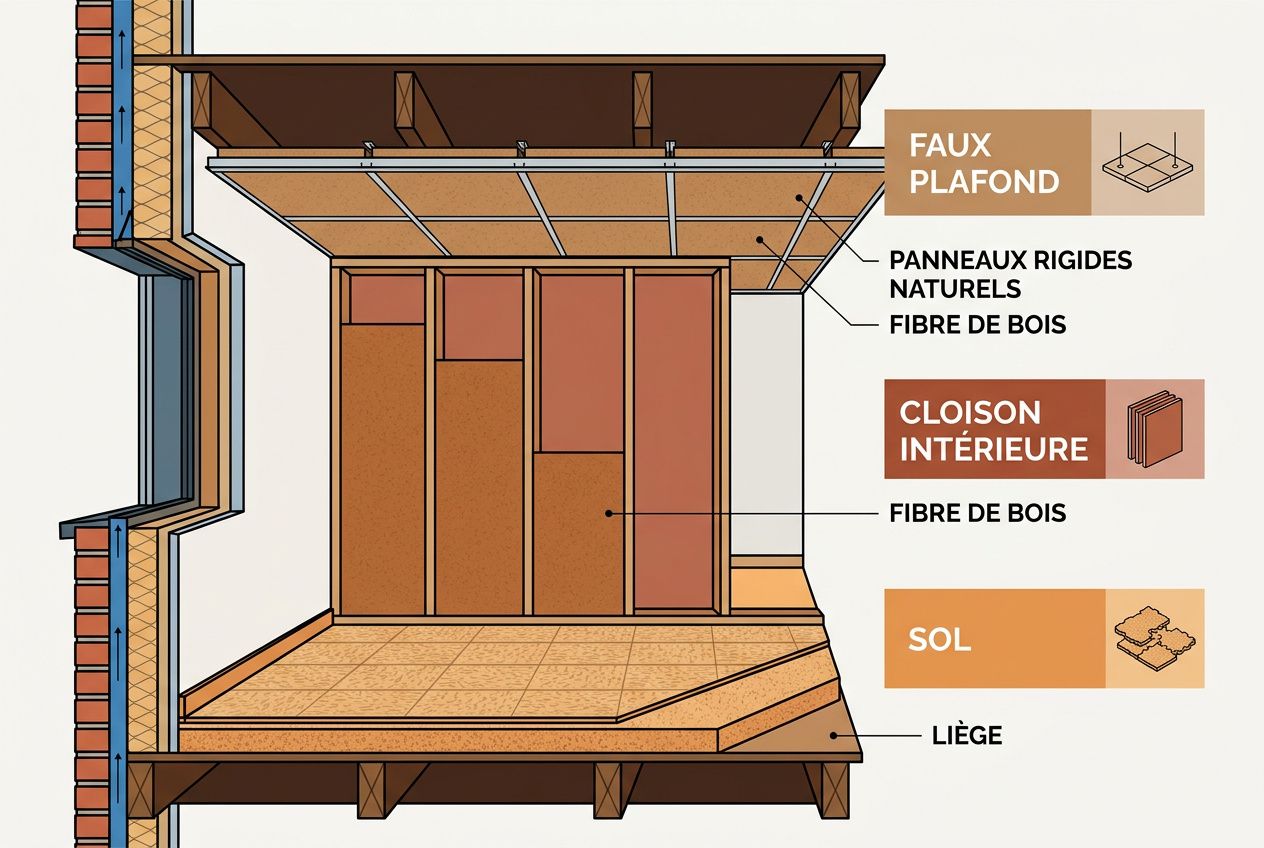 Schéma d’un mur et plafond avec isolant naturel rigide: fibre de bois et liège pour cloison et faux plafond, sol en liège.