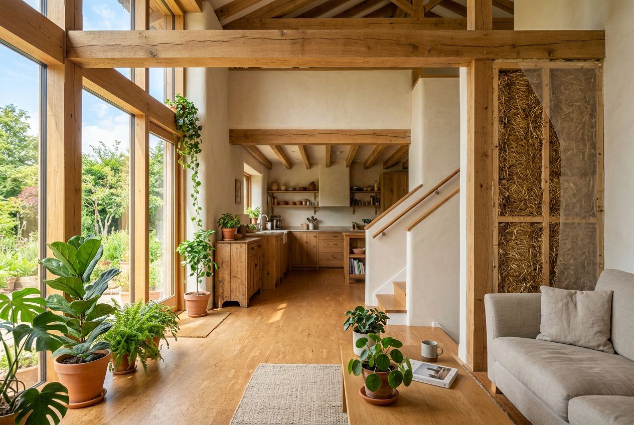 Salon lumineux avec bois apparent, grandes fenêtres et plantes en pot; ambiance chaleureuse et durable. intégré: matériaux écologique pour maison.