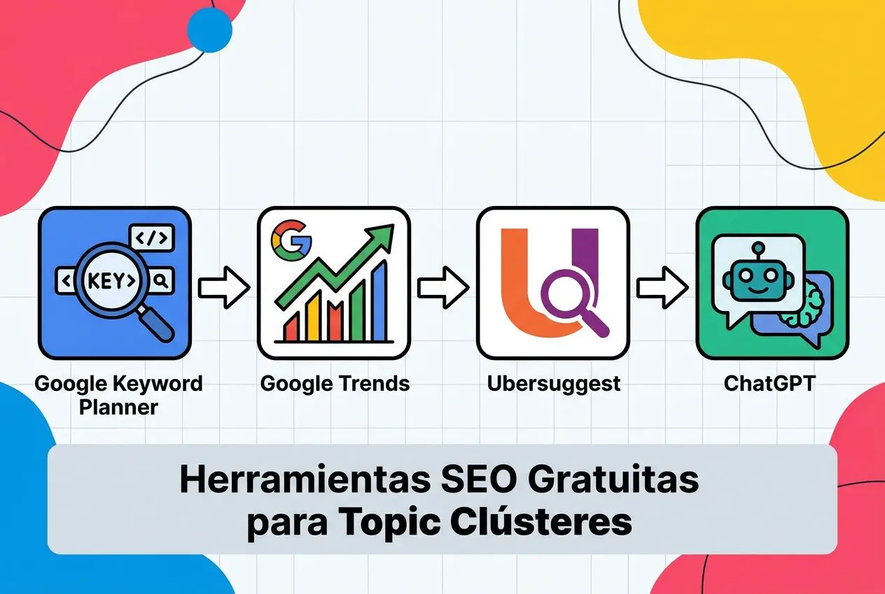 Herramientas generador topic clusters: flujo con Google Keyword Planner, Google Trends, Ubersuggest y ChatGPT para crear clústeres SEO gratuitos o de pago