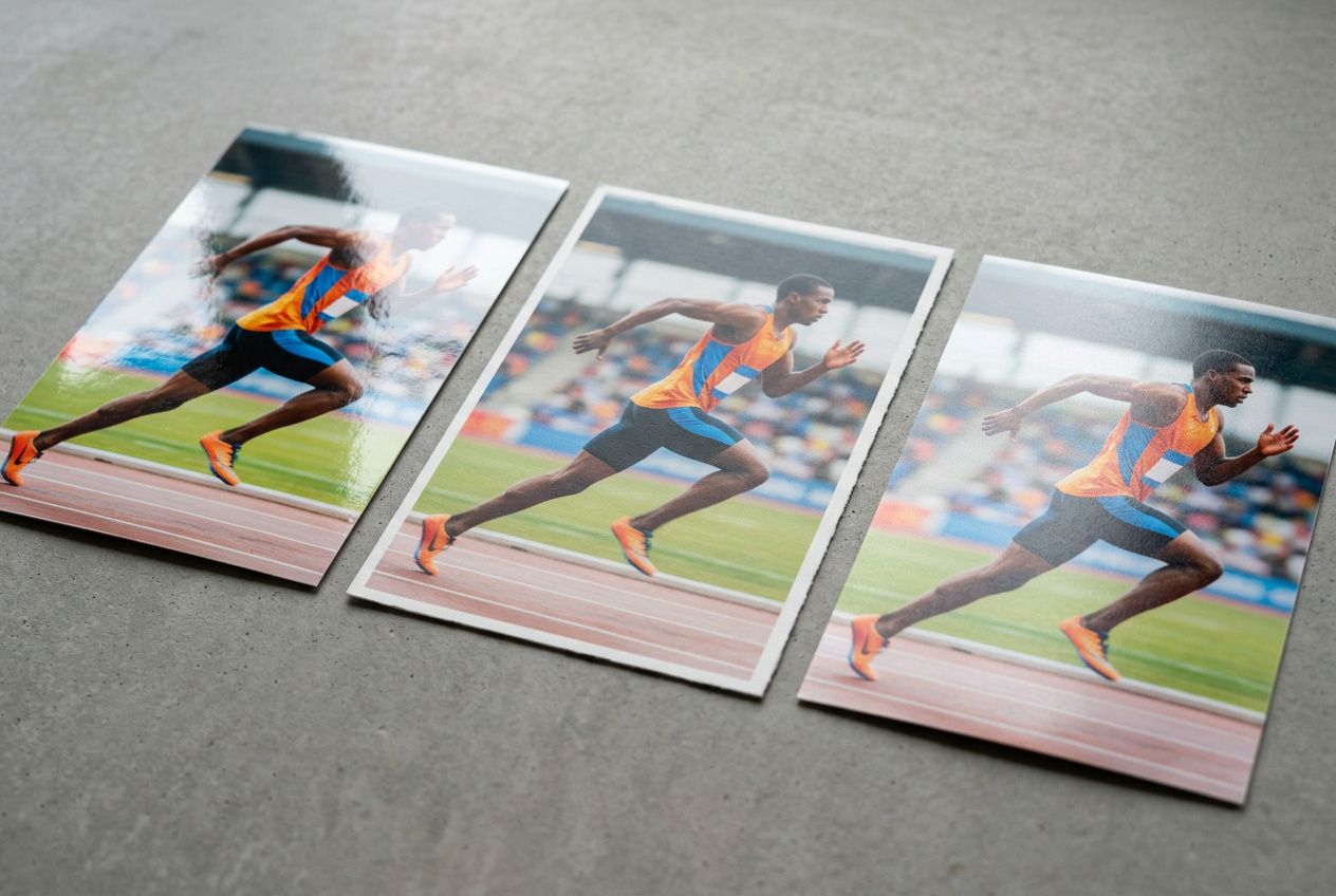 Affiche sportive : choisir le bon papier pour l'imprimer 1 Trois affiches sportives imprimées montrant un sprinteur en action sur une piste d’athlétisme. (Note: Intégration du mot-clé: "papier impression affiche sportive" naturellement → décrit les affiches imprimées.)