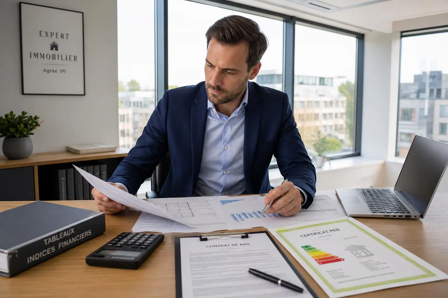 Homme d’affaires en costume examine des documents financiers sur son bureau, avec ordinateur portable et graphiques; ambiance de bureau professionnel. indexation abex indice santé intégré naturellement.