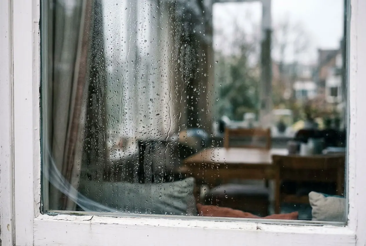 Vue à travers une fenêtre avec des gouttes d’eau sur la vitre, indiquant une humidité possible et une ventilation probablement insuffisante dans la maison. Mauvaise ventilation maison conséquences sur le cadre intérieur.