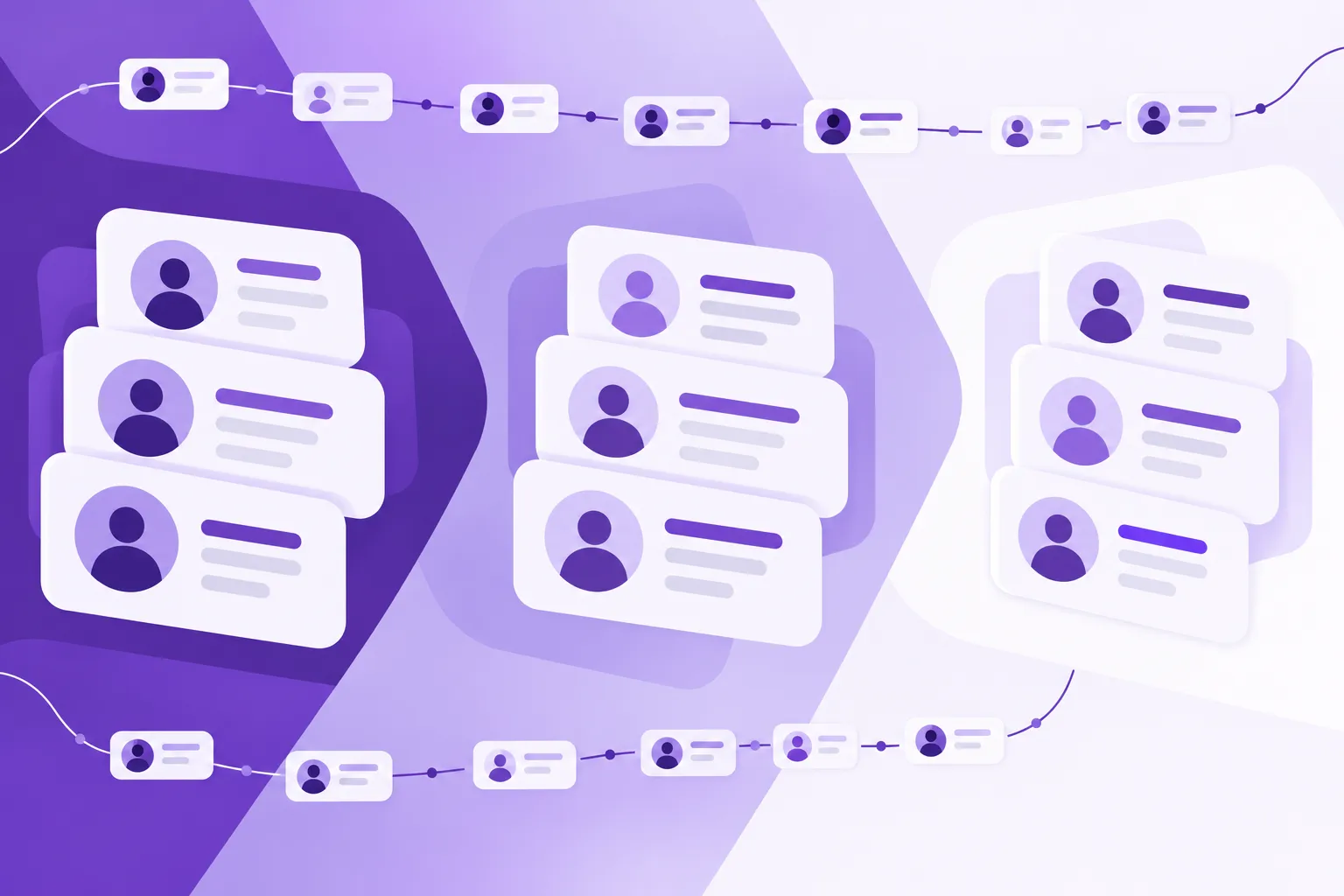 Groupes de fiches contacts organisées en colonnes sur fond violet et lilas.