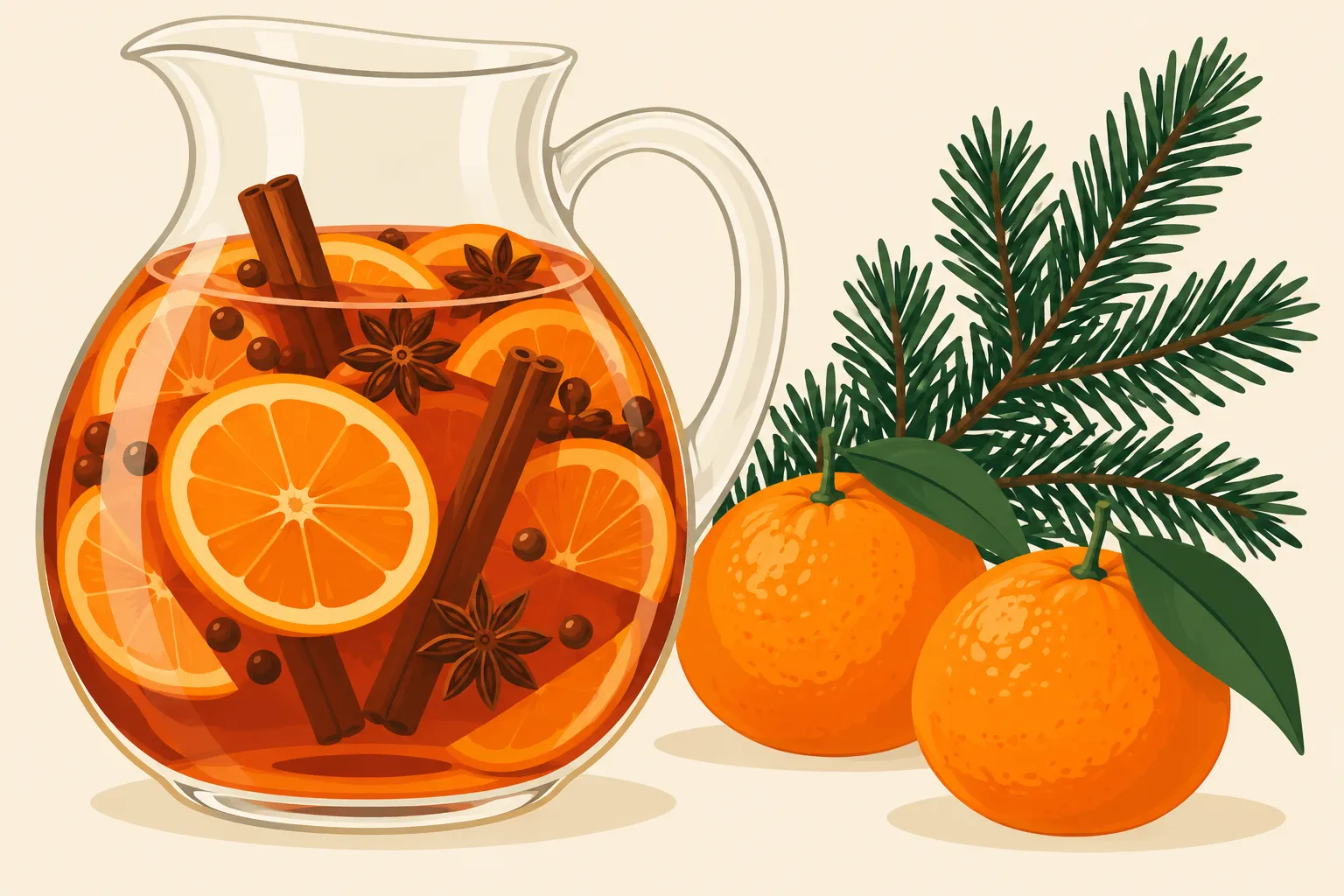 Carafe remplie de punch aux agrumes avec des clous de girofle et cannelle à côté de mandarines et rameau de sapin