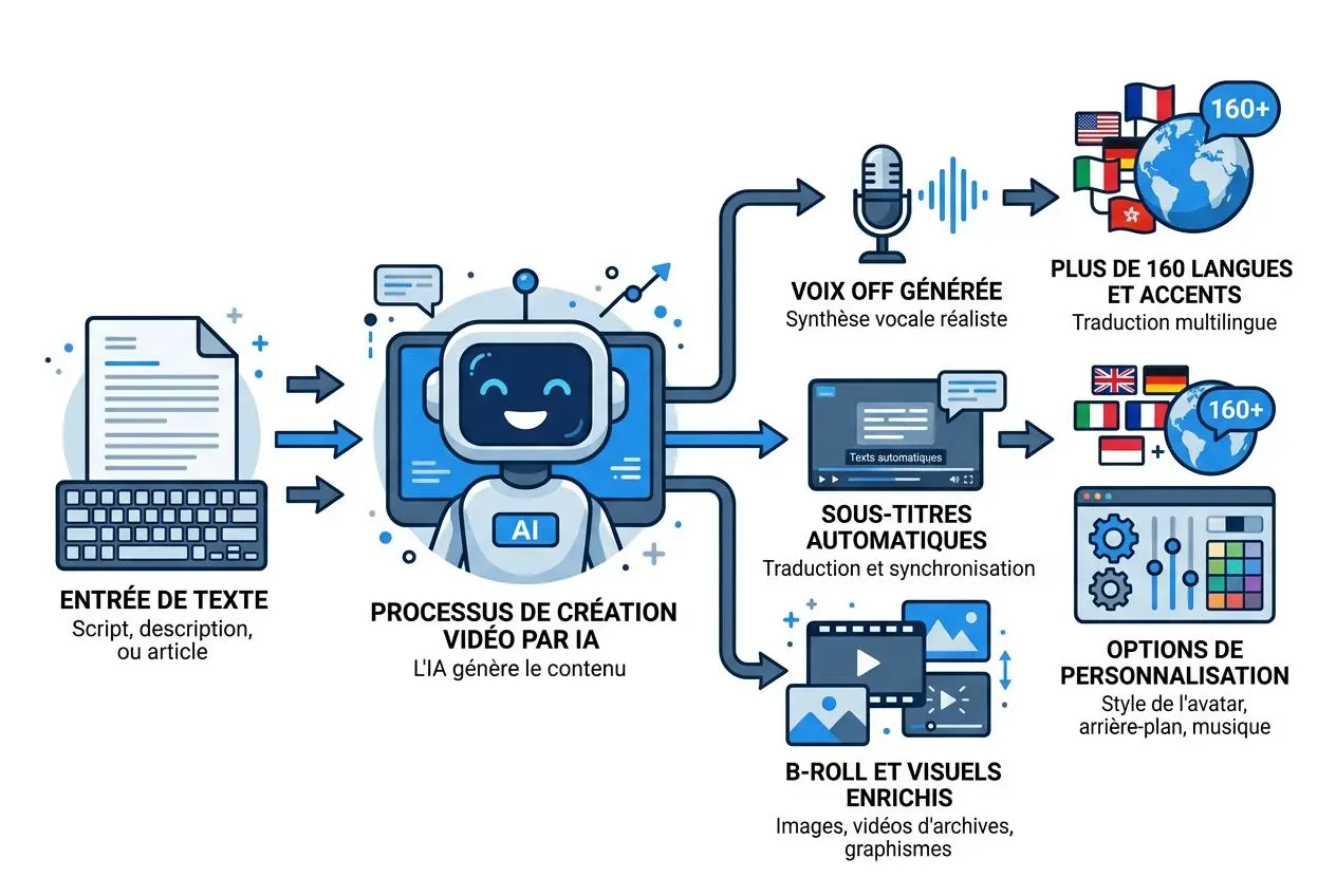 Diagramme illustrant un processus de cr&eacute;ation vid&eacute;o par IA: saisie de texte, IA g&eacute;n&egrave;re contenu, puis voix off, sous-titres automatiques, b-roll et visuels enrichis, avec options de personnalisation et traduction multilingue. vid&eacute;o d'entreprise intelligence artificielle int&eacute;gr&eacute;.