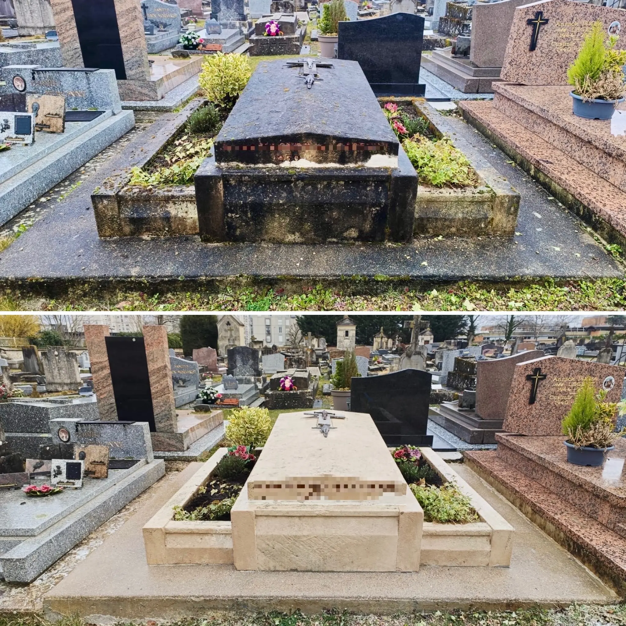Deux photos d’une tombe dans un cimetière: avant (haut) et après nettoyage et fleurissement; pierre noire/rectangulaire au centre, jardinières autour, tombes voisines en arrière-plan avec plantes et fleurs. Deux photos d’une tombe dans un cimetière: avant (haut) et après nettoyage et fleurissement; pierre noire/rectangulaire au centre, jardinières autour, tombes voisines en arrière-plan avec plantes et fleurs.