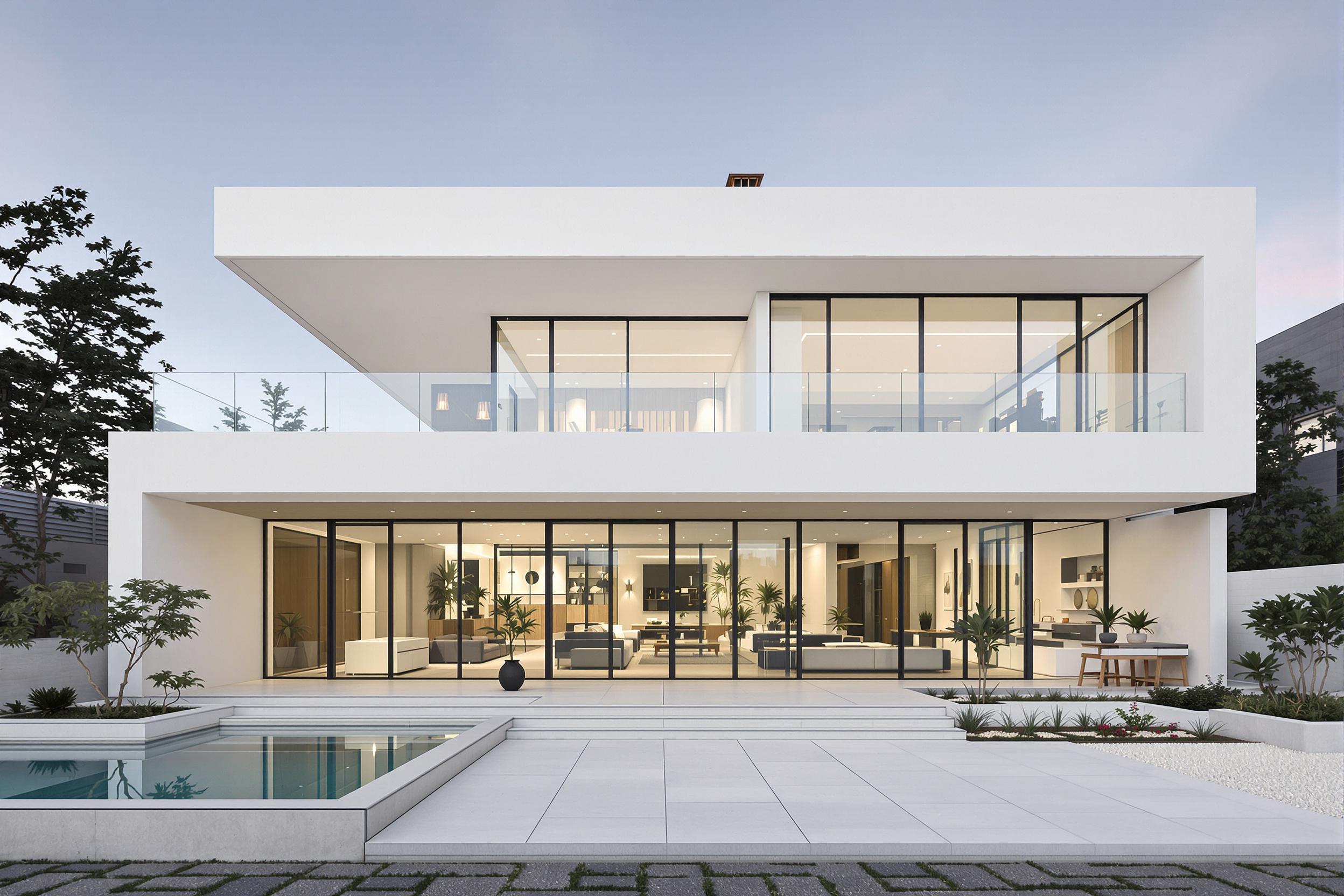 Façade d'une villa moderne toit plat avec grandes baies vitrées