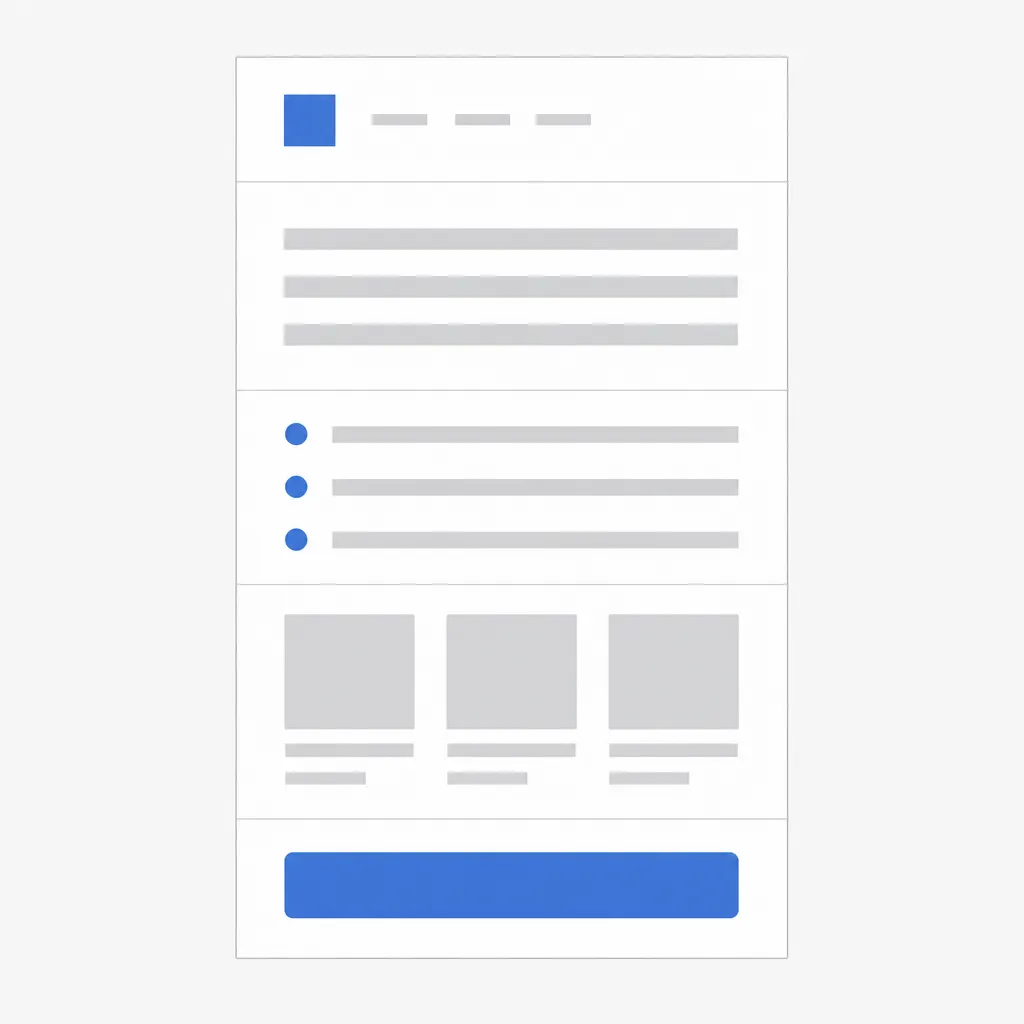 Schéma de la structure d'une newsletter : en-tête, introduction, brèves, contenus phares et bouton d'appel à l'action.