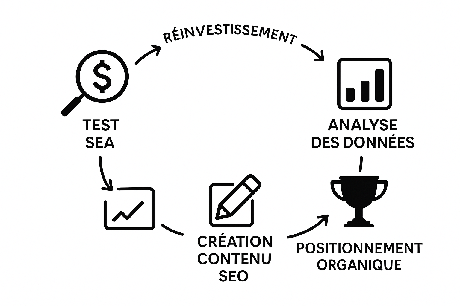 Diagramme de la synergie SEO et SEA : le SEA teste les mots-clés, les données alimentent la stratégie de contenu SEO, qui améliore le positionnement organique.