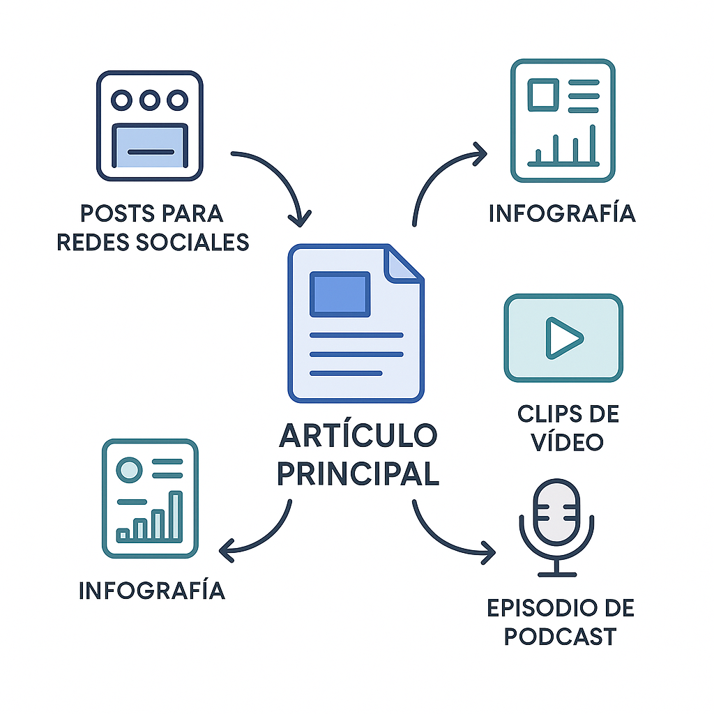 Diagrama que ilustra el repurposing de contenidos, mostrando cómo un artículo principal se puede transformar en posts para redes sociales, una infografía, clips de vídeo y un pódcast.