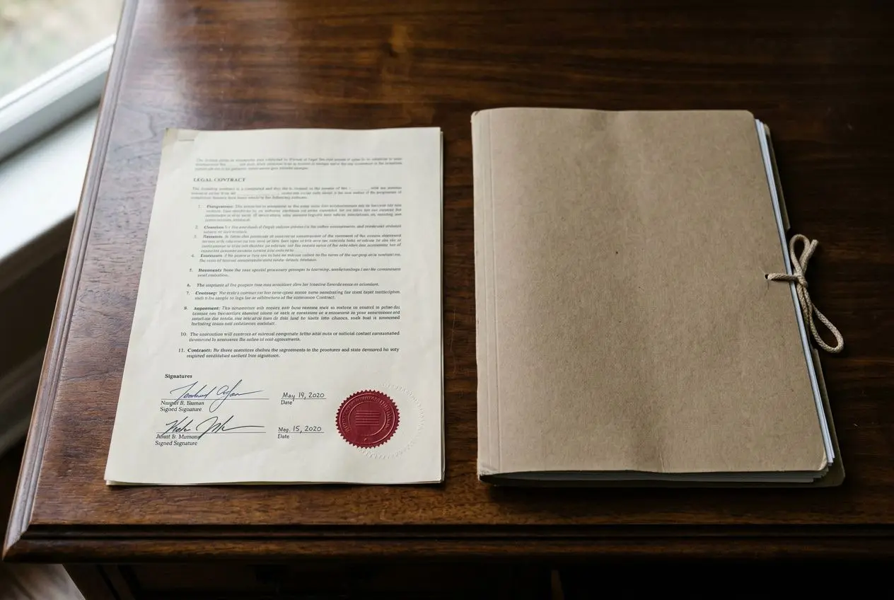 Deux documents officiels sur une table en bois, l’un affichant une signature et un sceau rouge, l’autre relié par cordelette, prêts à être examinés. intégration des types de preuves juridiques?