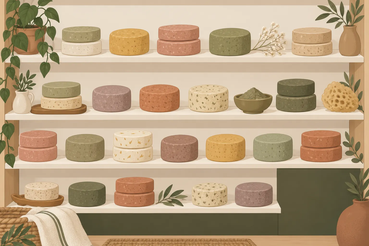 Étagères de savons solides aux formes et couleurs variées disposés sur quatre niveaux.