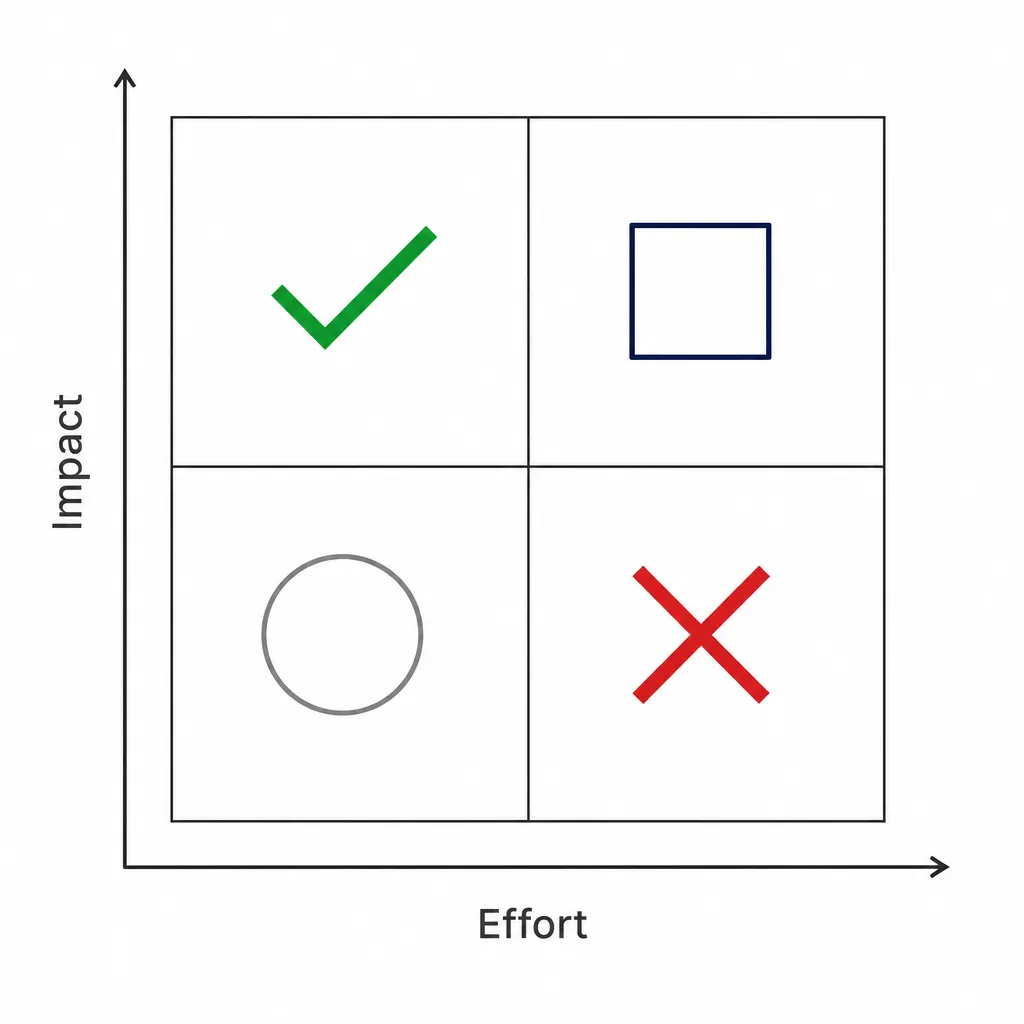 Matrice de priorisation SEO : axe vertical Impact, axe horizontal Effort, quatre quadrants marqués chacun par un symbole.