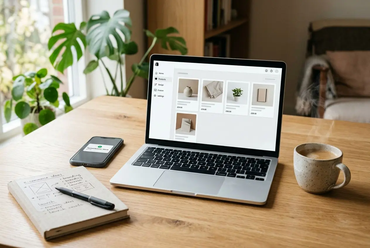 Ordinateur portable affichant une plateforme en ligne, smartphone, carnet et tasse de café sur une table en bois, idéal pour un business en ligne freelance.