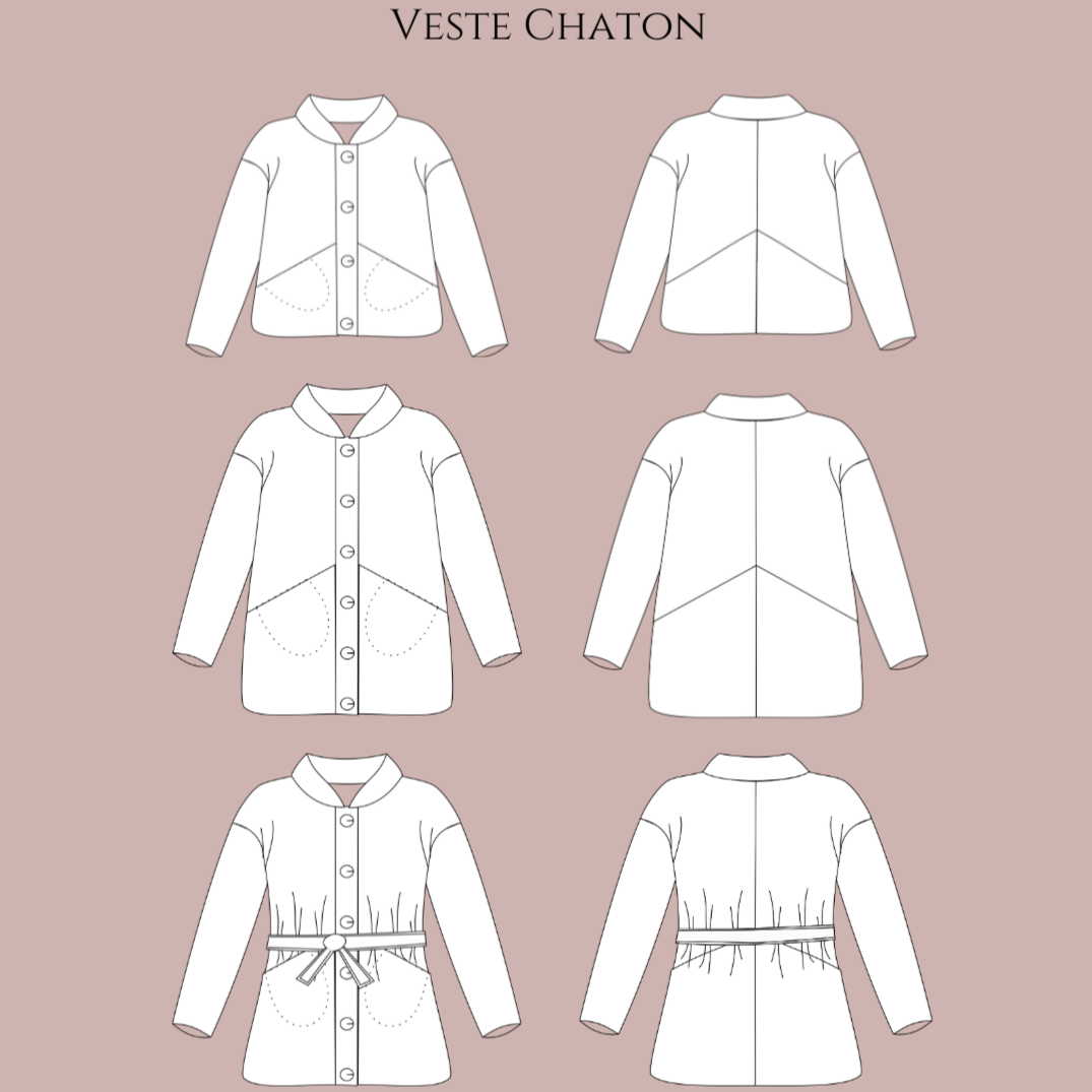 Veste chaton dessin vectoriel montrant trois vues (avant, dos) et variations: col, poches, boutons et ceinture décorative; fond rose clair. Inclut le titre “Veste Chaton”. intégration du mot-clé: comment lire un patron de couture naturelle dans la description.