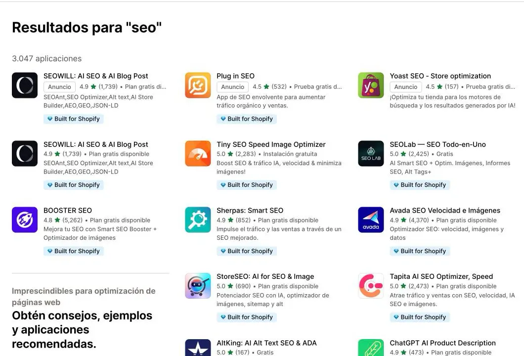 Resultados del App Store de Shopify para seo: 3.047 aplicaciones, entre ellas Booster SEO, Avada, Tapita, Smart SEO y StoreSEO, con notas de 4,5 a 5