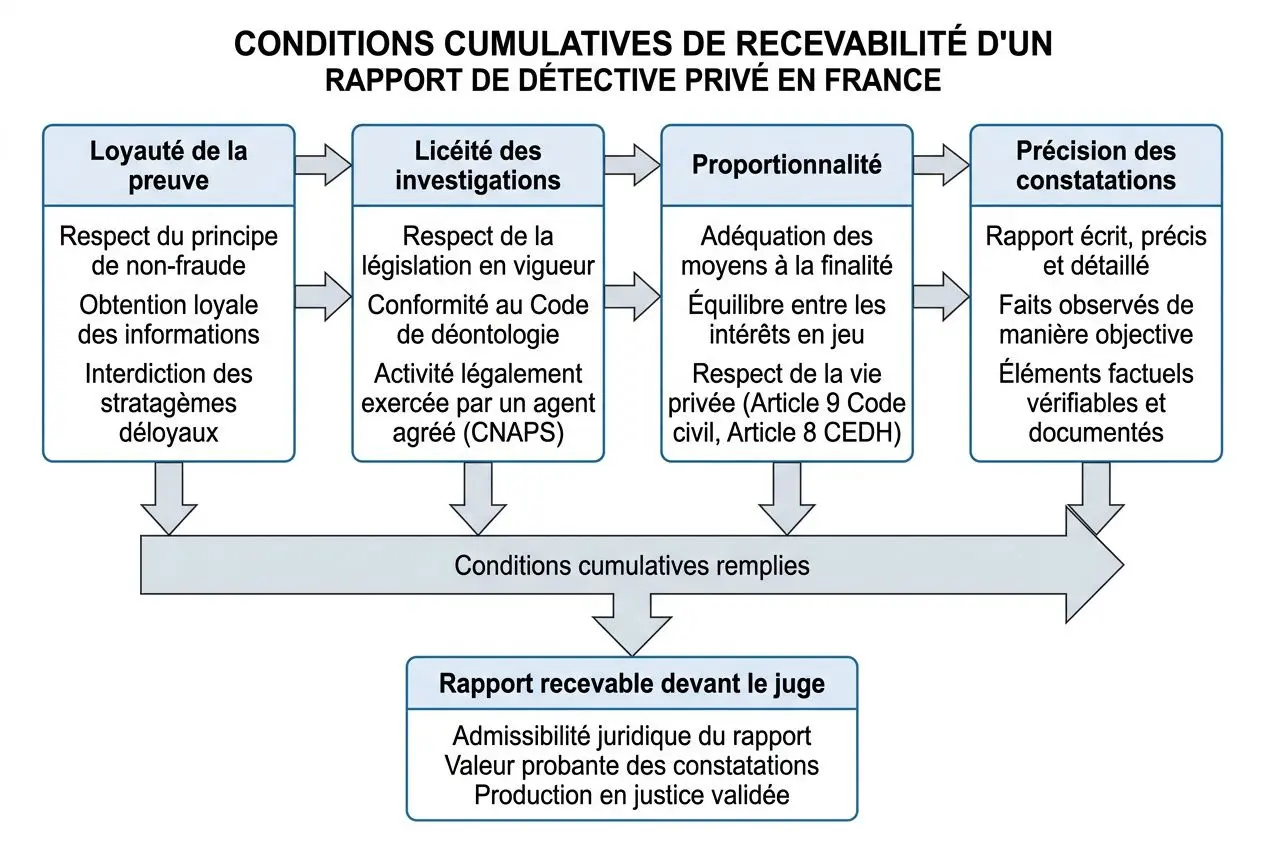 Conditions cumulatives de recevabilité d'un rapport de détective privé en France, diagramme montrant fidélité, licéité, proportionnalité et précision des constatations. Rapport recevable devant le juge si contraintes respectées.