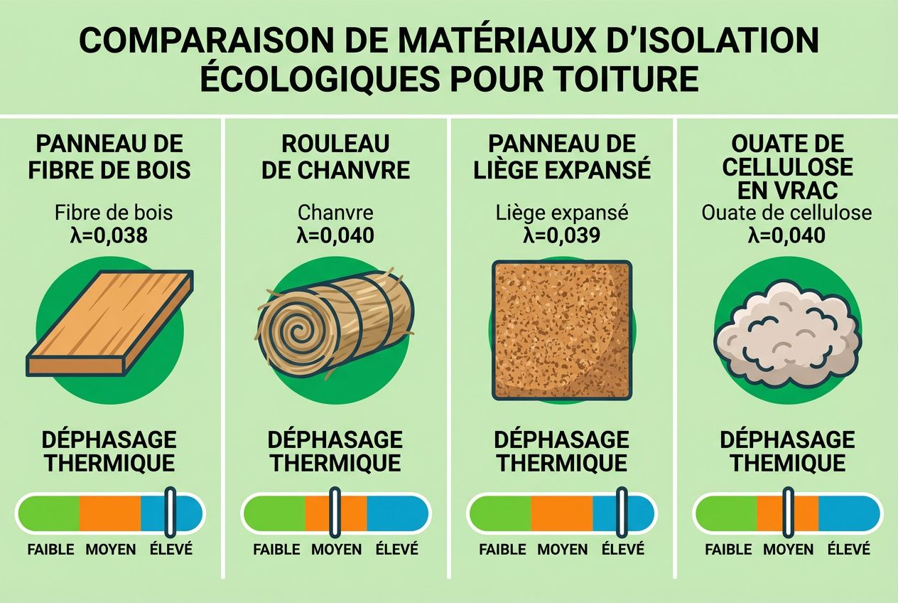 Comparaison des matériaux d’isolation écologique pour toiture: panneaux de fibre de bois, rouleau de chanvre, panneau de liège expansé et ouate de cellulose en vrac, avec déphasage thermique. isolation toiture écologique.