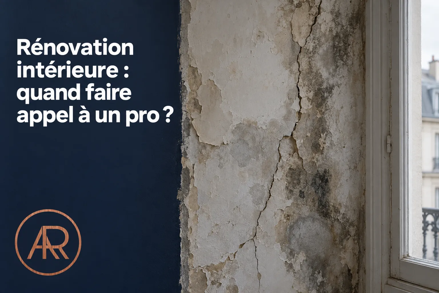 Murs fissurés et dégradés près d’une fenêtre, signe de travaux de rénovation potentiels.
