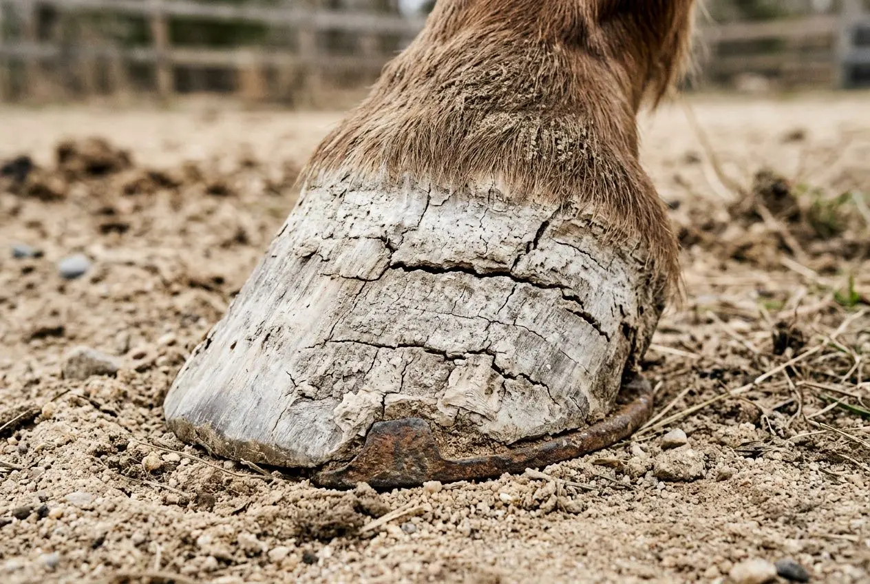 Sabot cassant chez le cheval : premier plan d'un sabot fissuré et sec sur sol poussiéreux, traces d'écaillures et dégradations visibles.