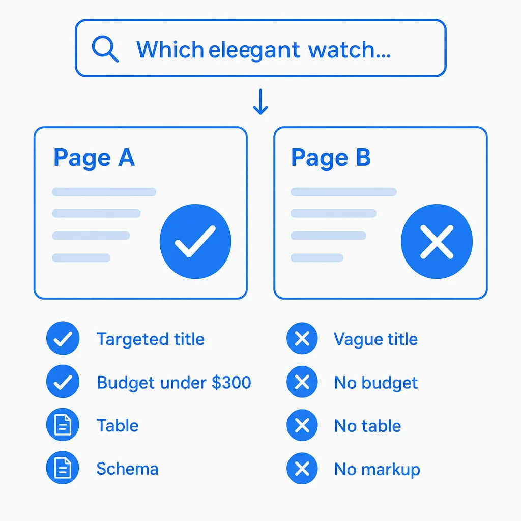 Case study comparing page A (selected by the AI) and page B (ignored)
