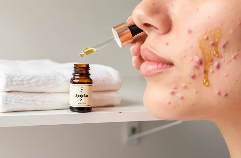 Gouttes d’huile visage déposées sur peau acnéique au coût de routine skincare peau acnéique, flacon d’huile sur une étagère près d’un drap blanc.