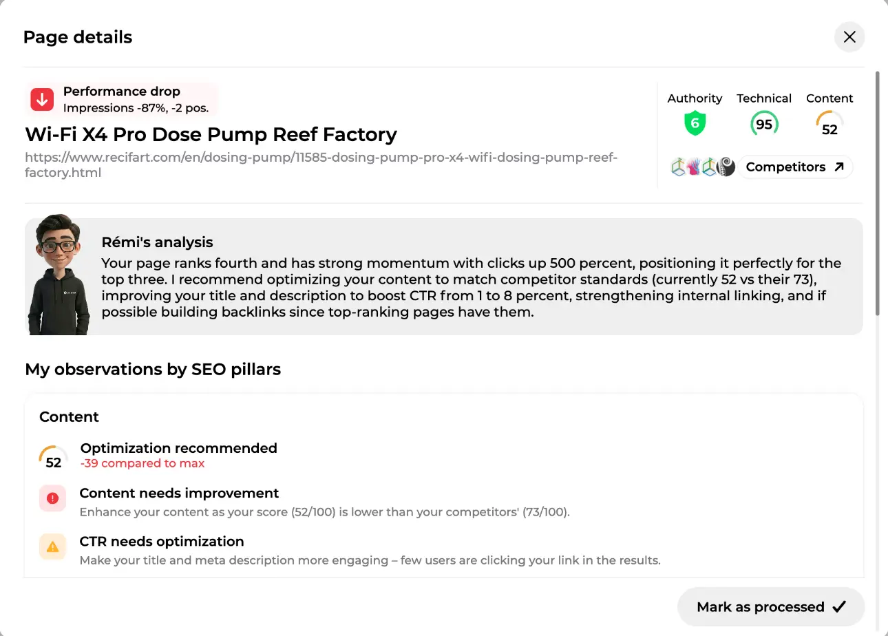 Page details window with authority, technical and content scores, Rémi's analysis and observations by SEO pillar
