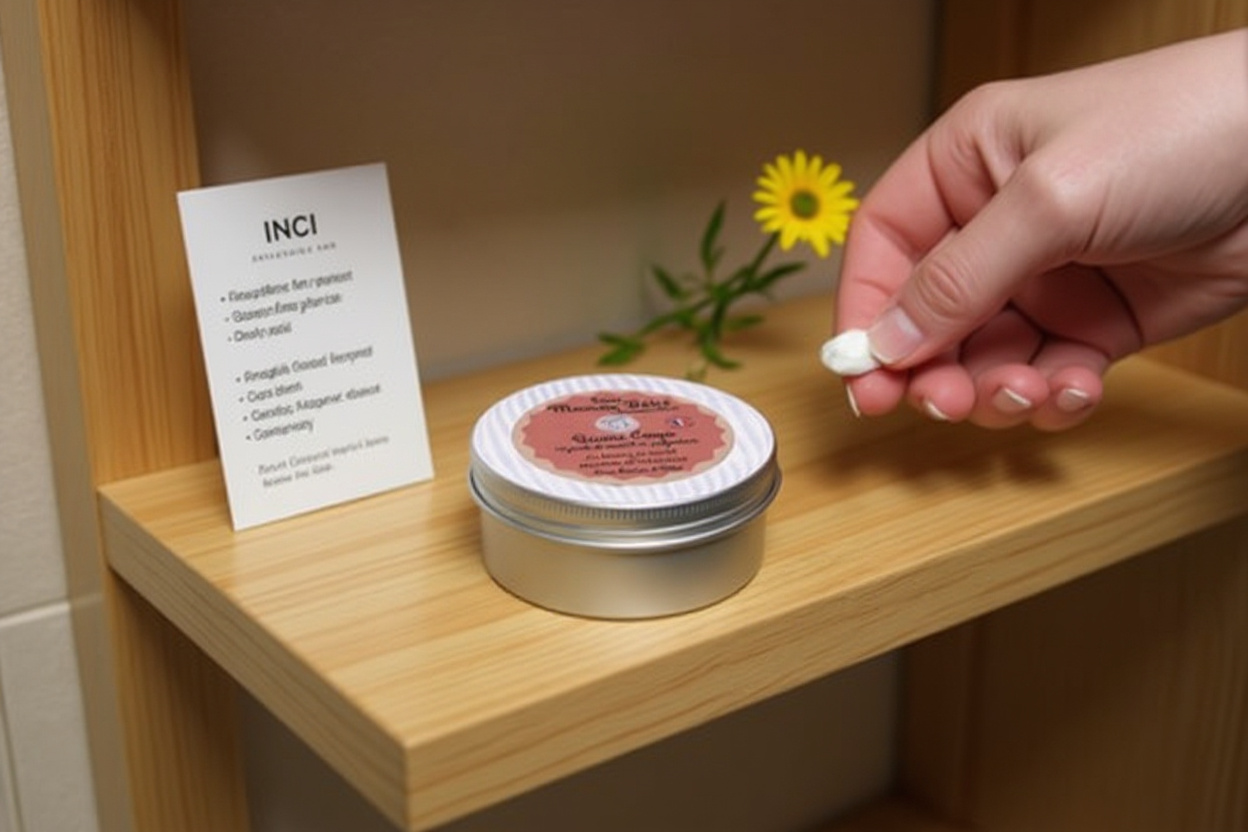 Un unique baume corporel naturel, posé au centre d’une étagère en bois avec une carte INCI et un calendula, évoquant un soin hypoallergénique maman-bébé.