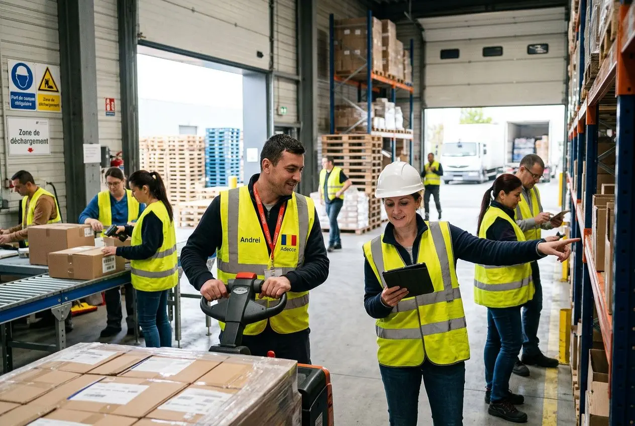 Travailleurs intérimaires roumains en entrepôt, vestes jaunes réfléchissantes et casque, gestion des colis et paperwork, cadre logistique. Avantages embaucher roumains interim pour flexibilité et coût.