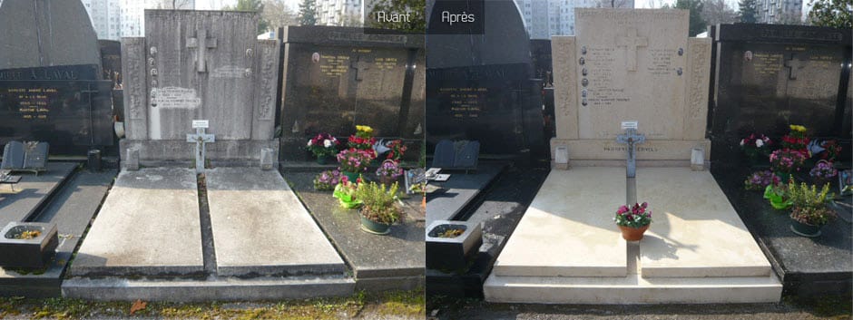 Nettoyage de pierre tombale montrant une tombe avant et après entretien avec une chaux claire et des fleurs autour.