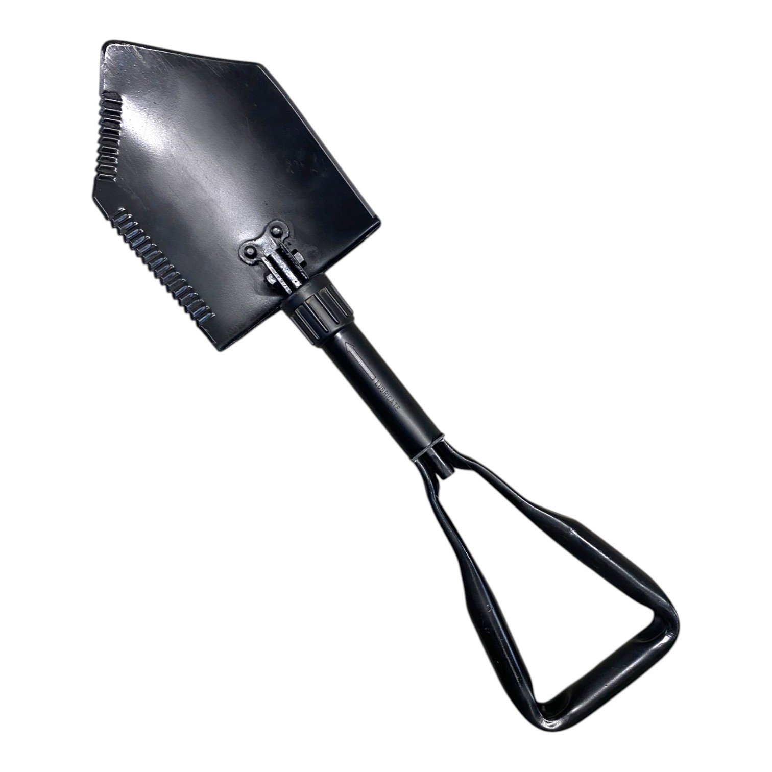 Pelle pliante noire avec manche à double galbe et lames dentelées, outil compact de camping et outdoor. Pelle pliante noire avec manche à double galbe et lames dentelées, outil compact de camping et outdoor.