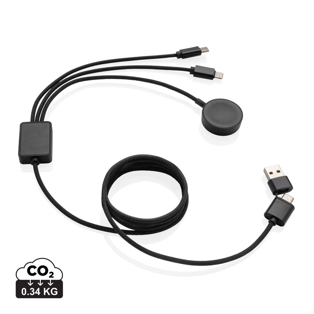 Chargeur personnalisé avec logo pour entreprise: câble USB-C multi-prise et petit capteur magnétique, design noir, logos possibles.