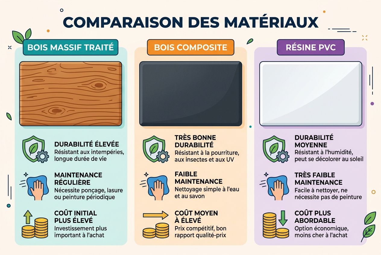 Comparaison des matériaux: bois massif traité, bois composite et résine PVC avec caractéristiques et coûts. Chalet de jardin moderne intégré.