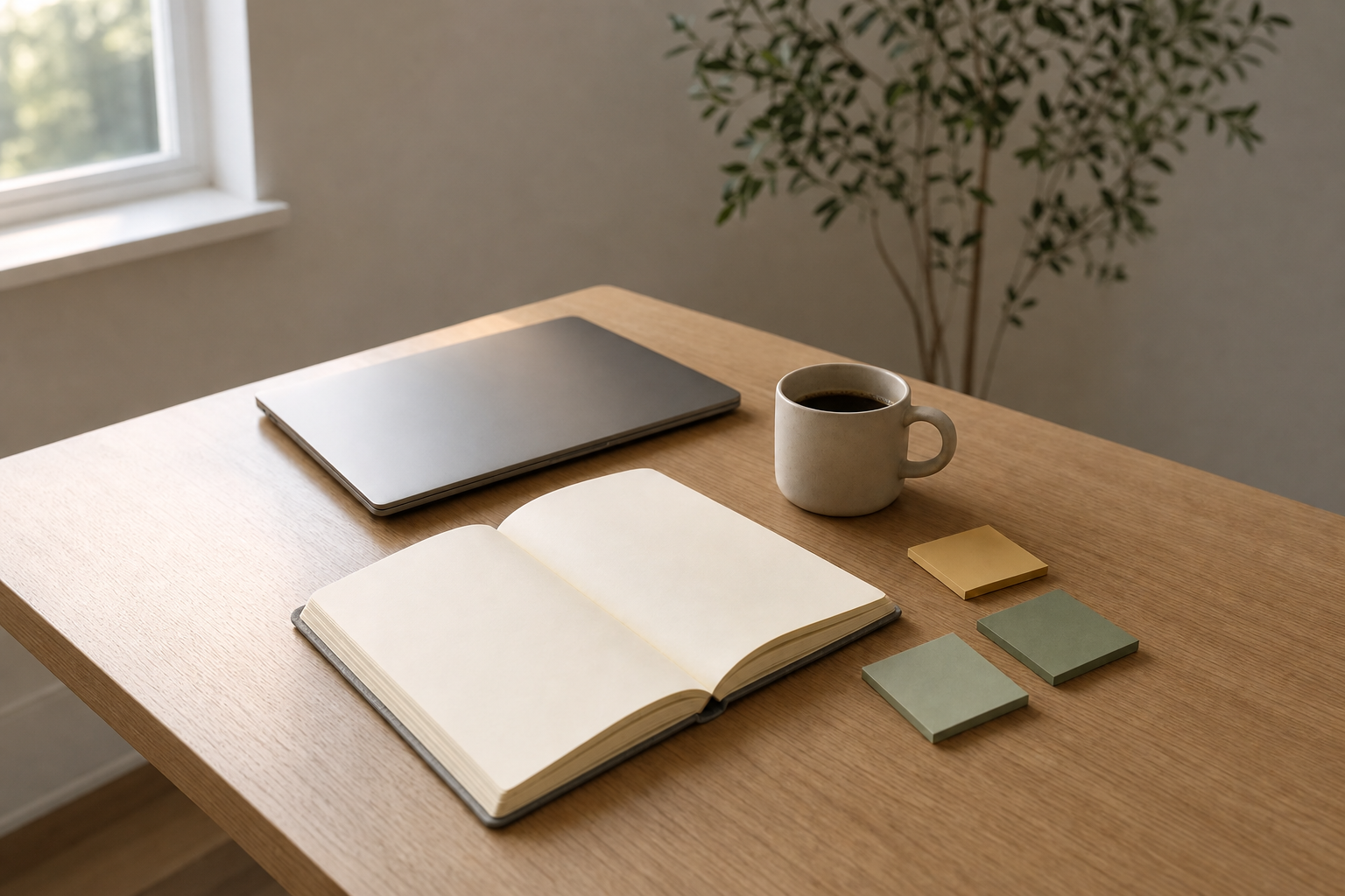 Scrivania luminosa con quaderno aperto su pagine bianche, computer chiuso e matita, che evoca la definizione degli obiettivi di marketing.