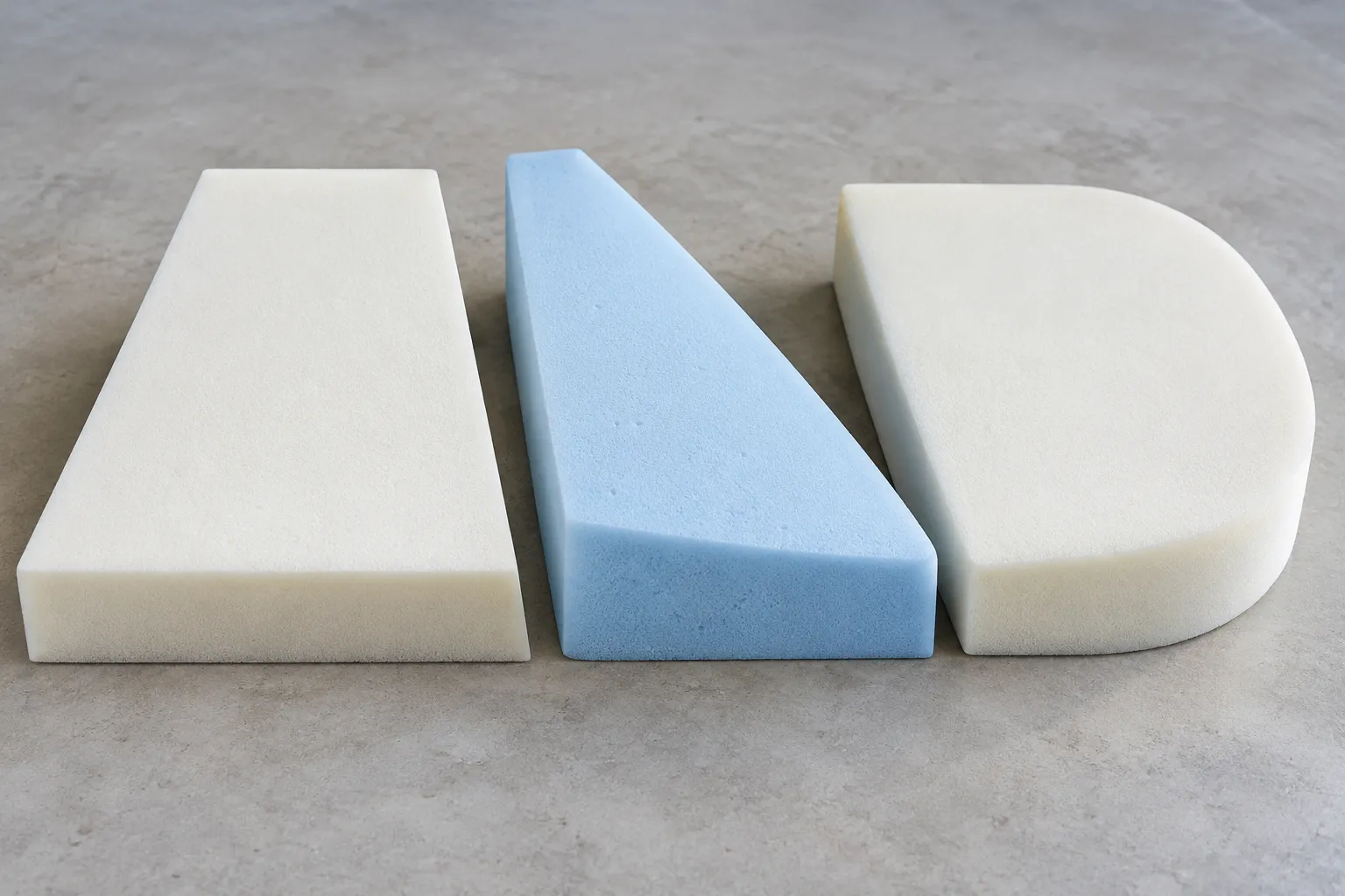 Tres piezas de espuma de diferentes formas: una cuña recta, una cuña azul inclinada y un bloque con borde redondeado.