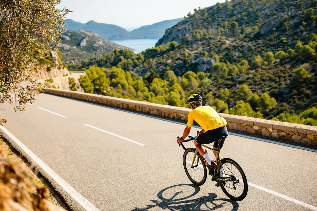 Cycliste montant un col de la Serra de Tramuntana à Majorque avec vue sur les villages en contrebas