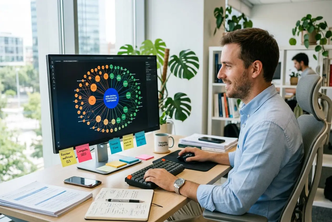 Hombre trabajando en un escritorio moderno con pantalla mostrando un diagrama de clusters, rodeado de plantas y notas adhesivas, sobre un contexto de SEO con enfoque en topic clusters.