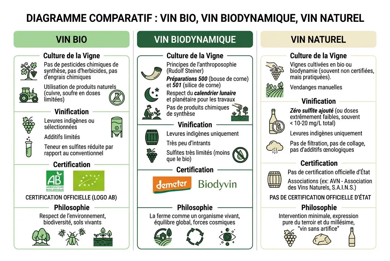 Diagramme comparatif des vins bio, biodynamique et naturel présentant culture, vinification, certification et philosophie. Inclut le terme différence vin bio et vin nature.