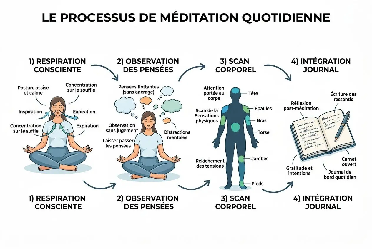 Processus de méditation quotidienne montrant respiration consciente, observation des pensées, scan corporel et intégration journalière pour mieux se connaître soi même.