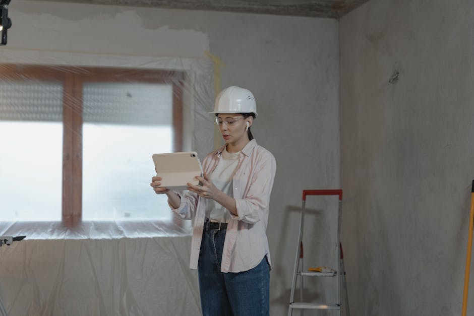 Femme portant un casque et utilisant une tablette pour un projet de construction dans un intérieur inachevé.