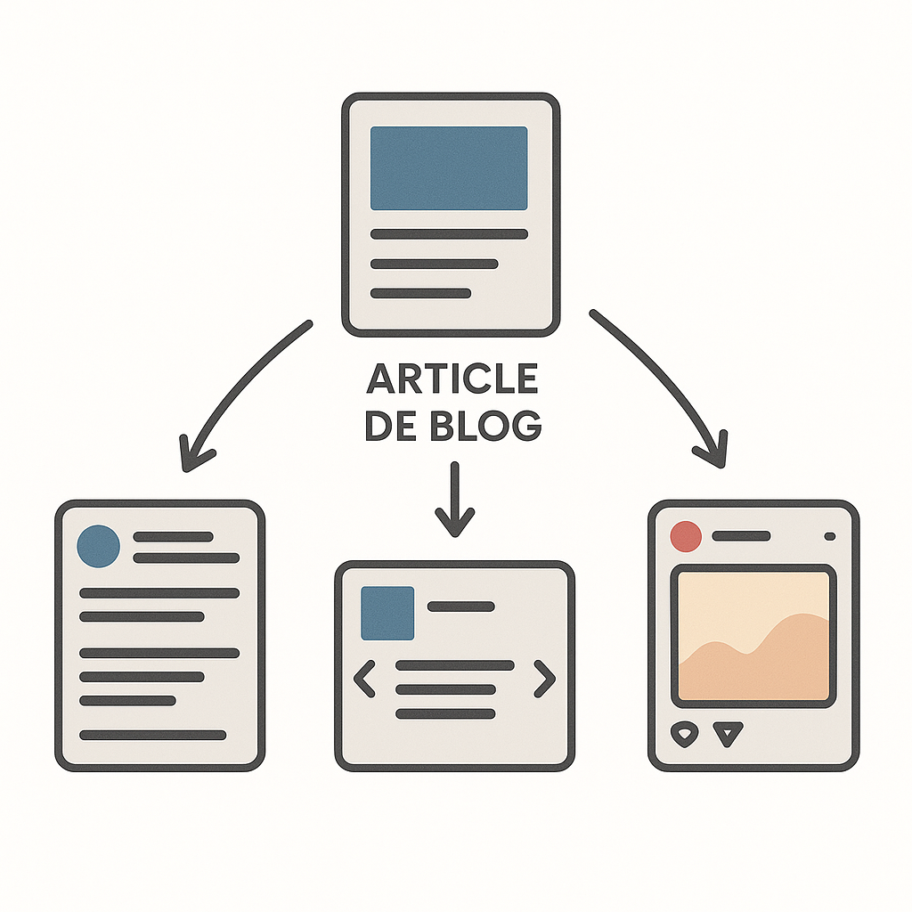 Infographie illustrant la réutilisation d'un article de blog en divers formats natifs pour les réseaux sociaux, incluant un fil Twitter, un carrousel LinkedIn et une publication Instagram.