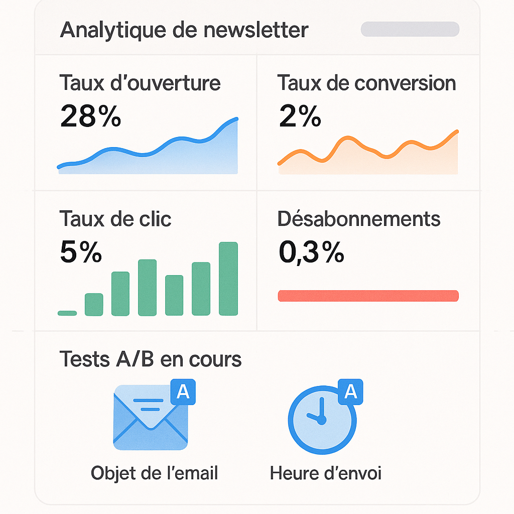 Tableau de bord d'analyse de newsletter affichant le taux d'ouverture, de clic, de conversion et les désabonnements, avec une section sur les tests A/B en cours.