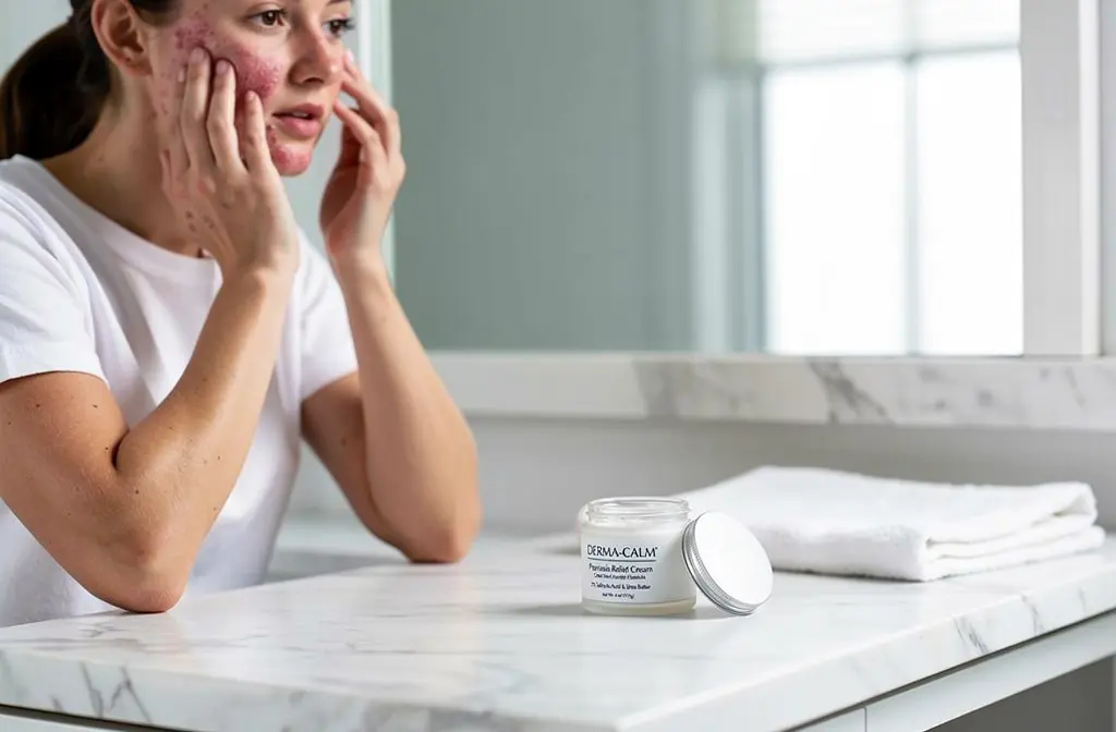 Femme au miroir souffrant d’acné, les mains sur le visage, près d’un pot de crème Derma-Calm sur une table de salle de bains. alt texte pour routine skincare peau acnéique